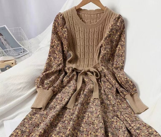 Knit long dress Fashion corduroy floral dress