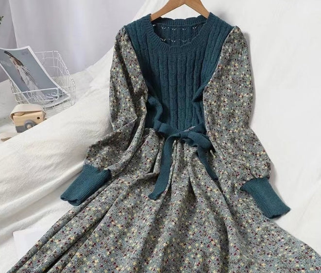 Knit long dress Fashion corduroy floral dress