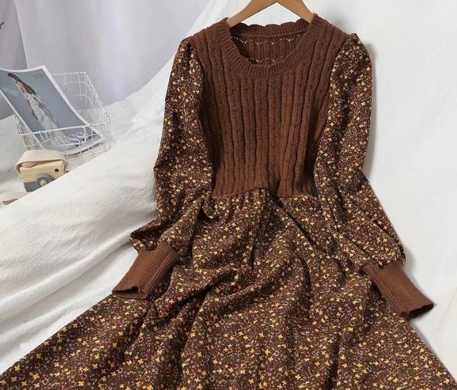 Knit long dress Fashion corduroy floral dress